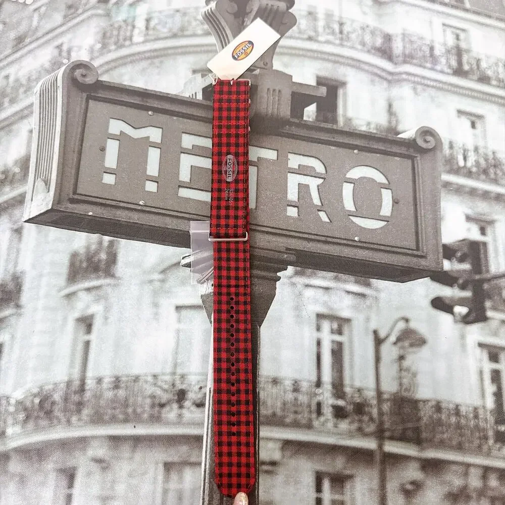 Fossil S241051 24mm Red‑Black Buffalo Plaid Fabric Watch Strap Unisex NWT